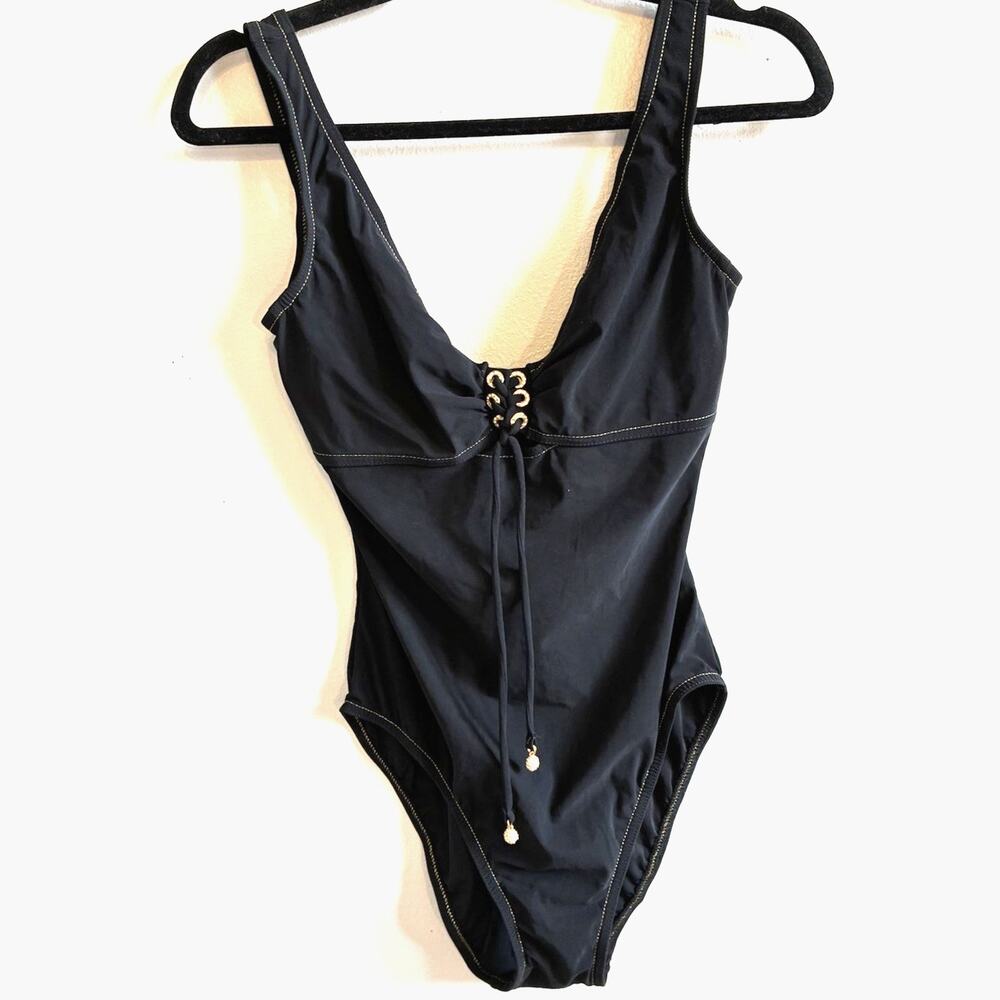 Karla Colletto Monokini Swimsuit 12 Sexy Cut Out Ring Deep V LaceUp Charms Chic